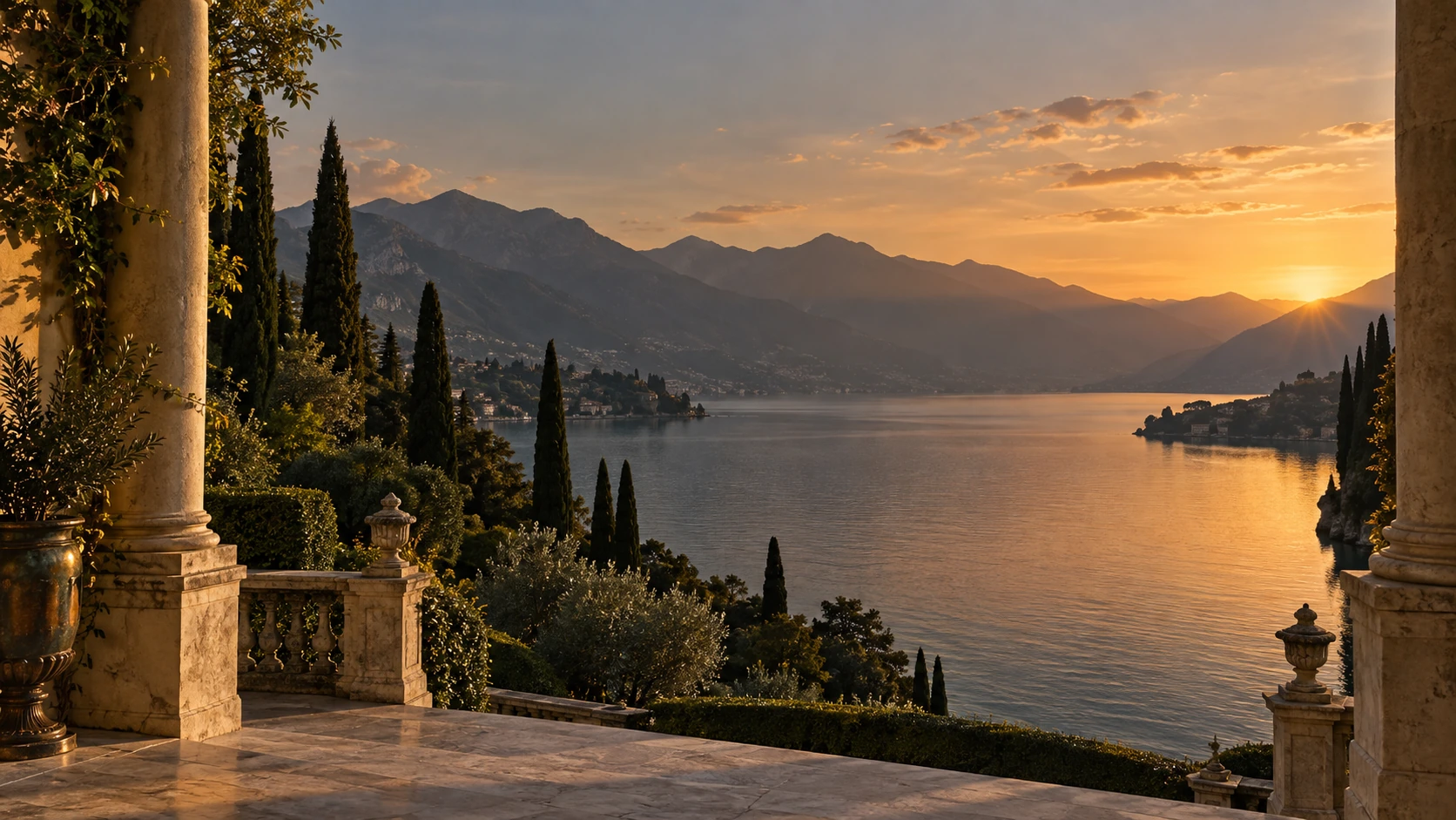 Golden evening light over a lake, seen from a stone villa terrace