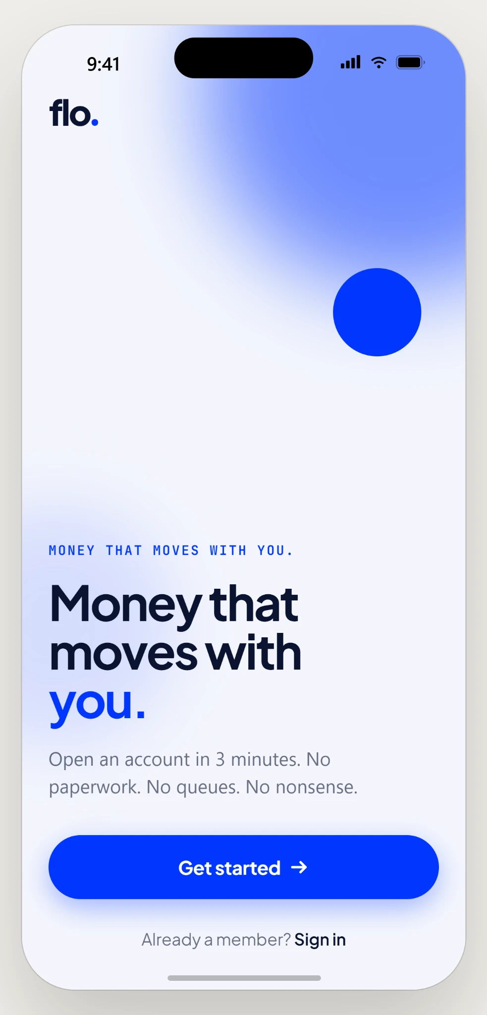 Flo app welcome screen with the message Money that moves with you