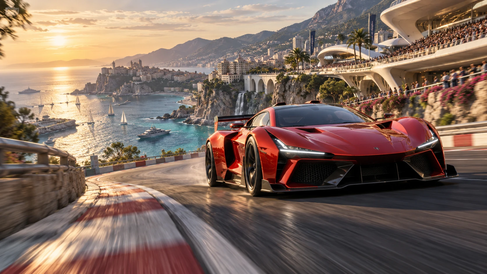 Red racing car in an expansive game-world concept