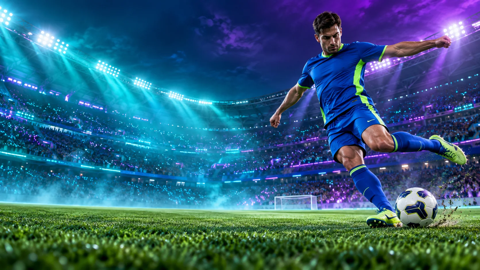 Footballer striking a ball in a stadium lit in blue and violet